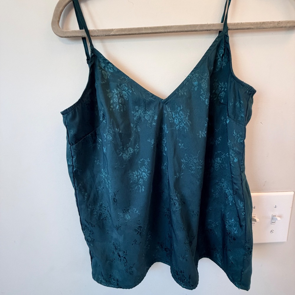 HM Divided Floral Jacquard Cami Top Womens Size 2 Teal Satin Strappy Whimsigoth